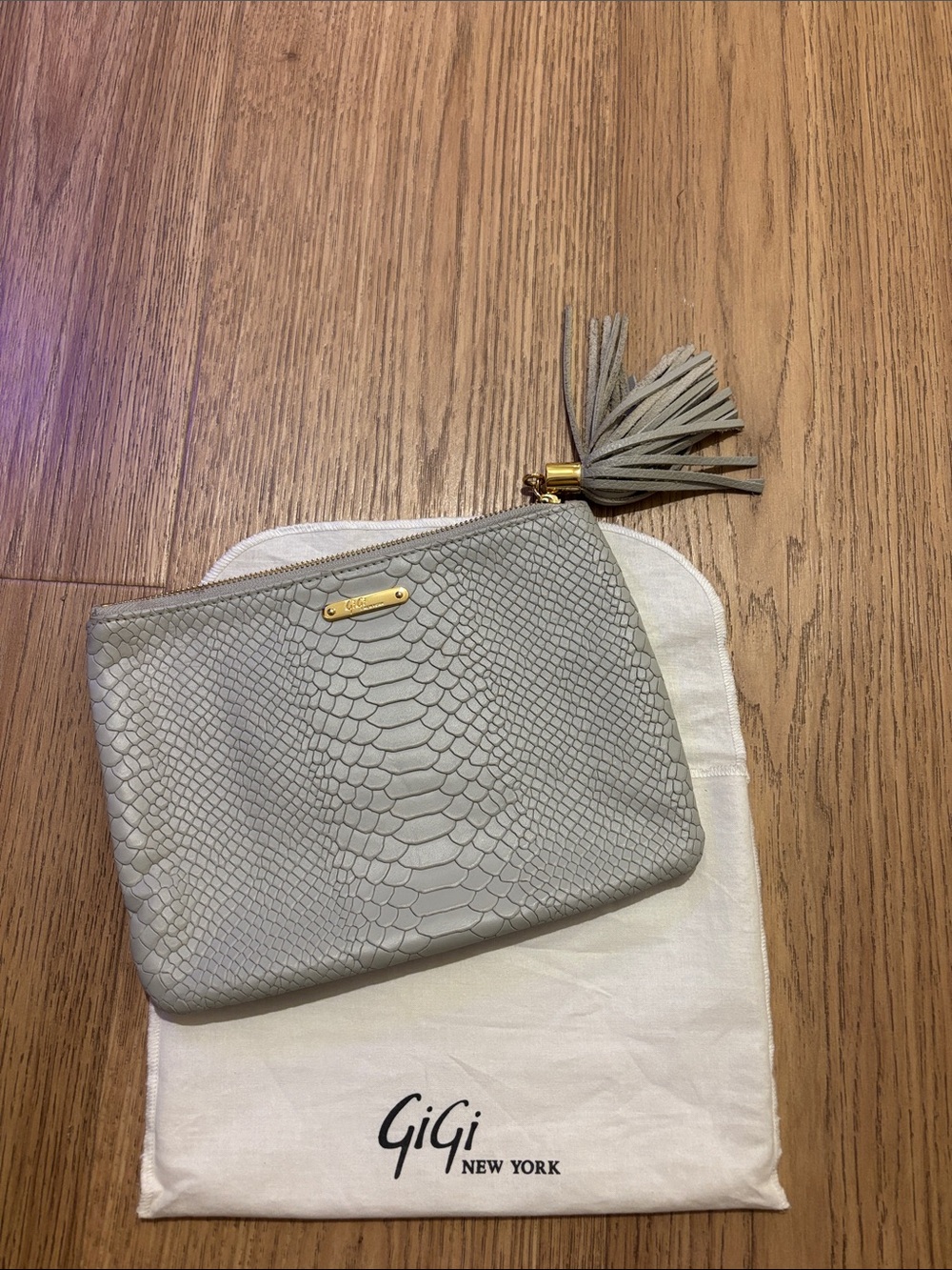 GiGi New York Gray Snake-Embossed Leather Tassel Pouch